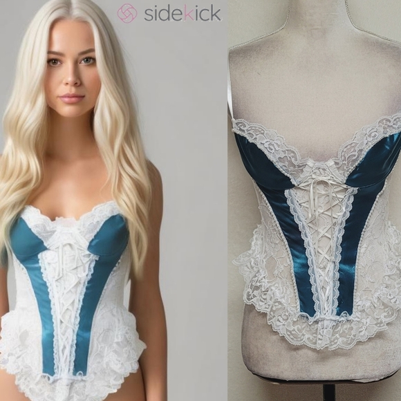 Frederick's Of Hollywood Vintage White Lace Teal Satin Lace-up Corset Lingerie S - Picture 1 of 12